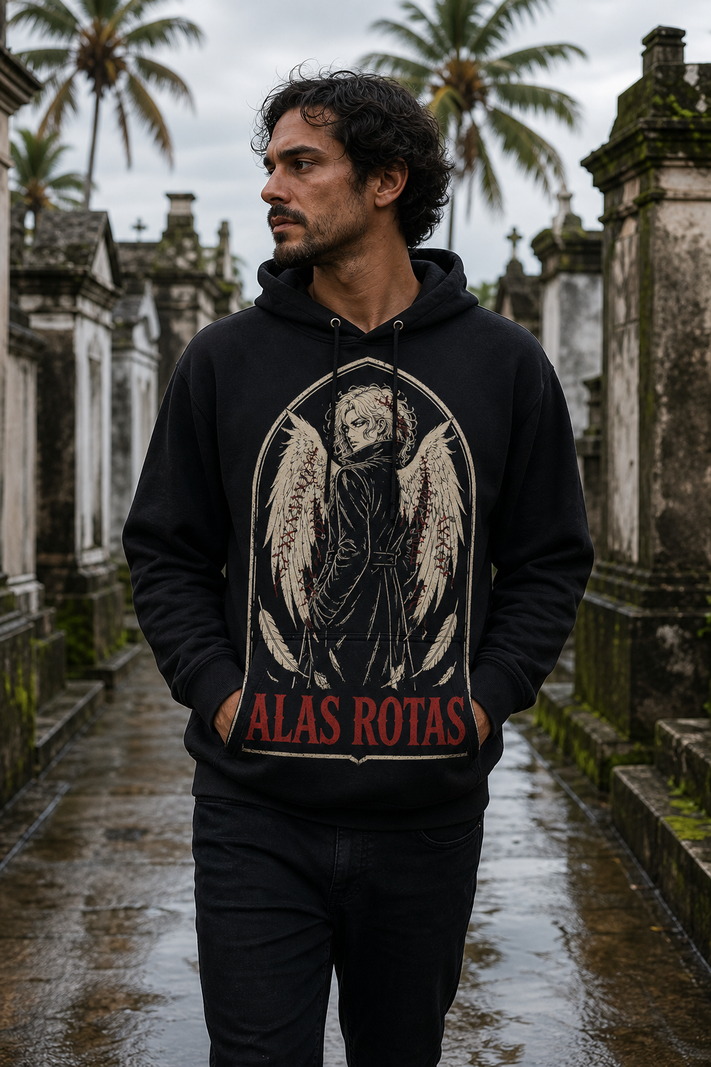 Sudadera Alas Rotas - negra hombre cementerio tropical