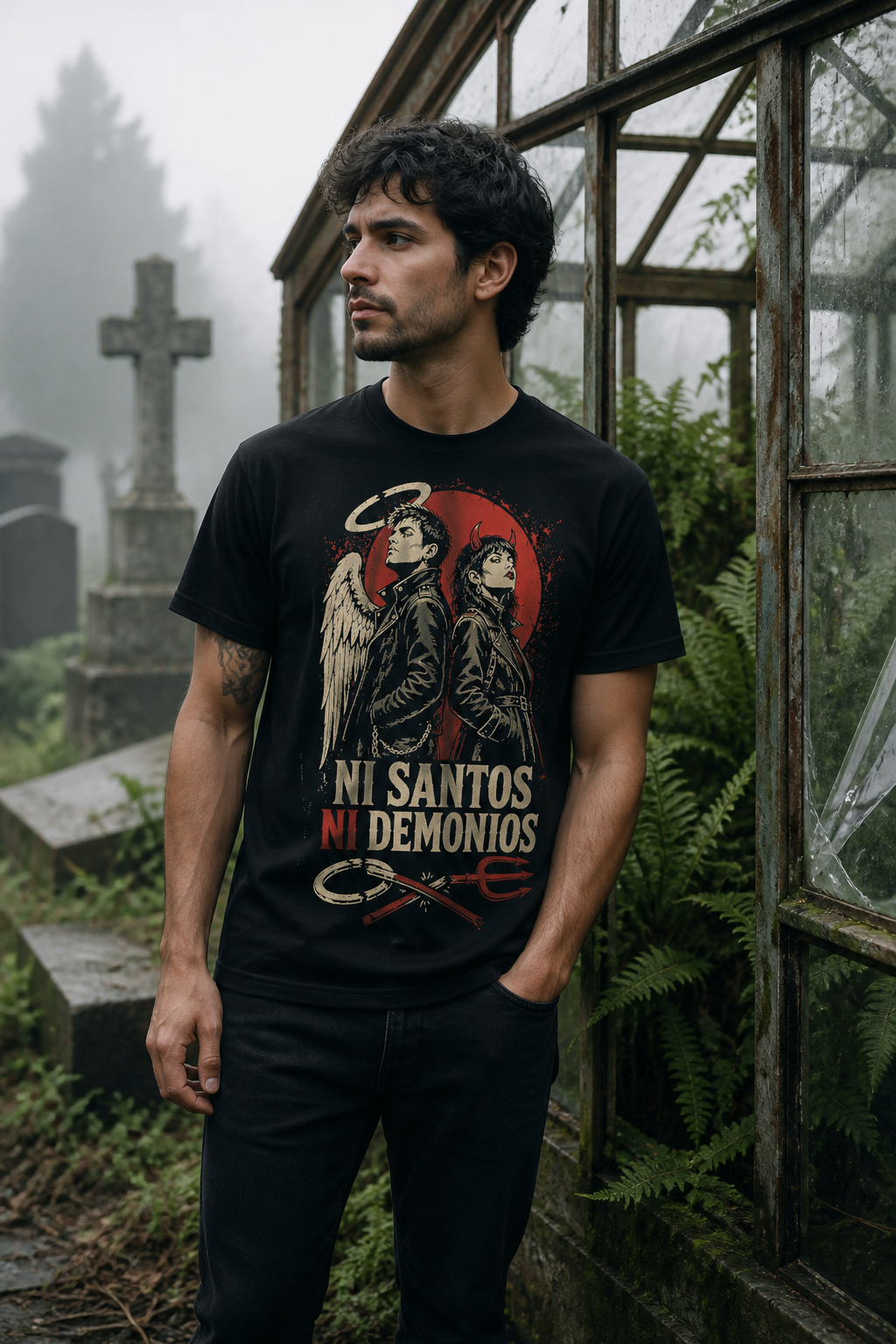 Camiseta Ni Santos Ni Demonios - negra normal hombre invernadero cementerio