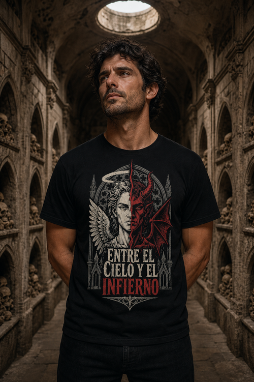 Camiseta Entre el Cielo y el Infierno - negra normal hombre osario