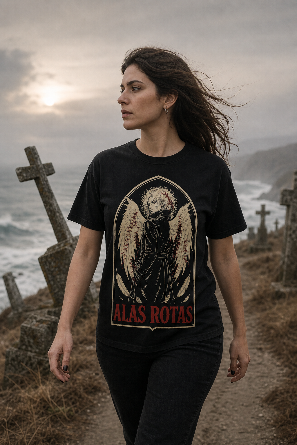 Camiseta Alas Rotas - negra normal mujer cementerio costero