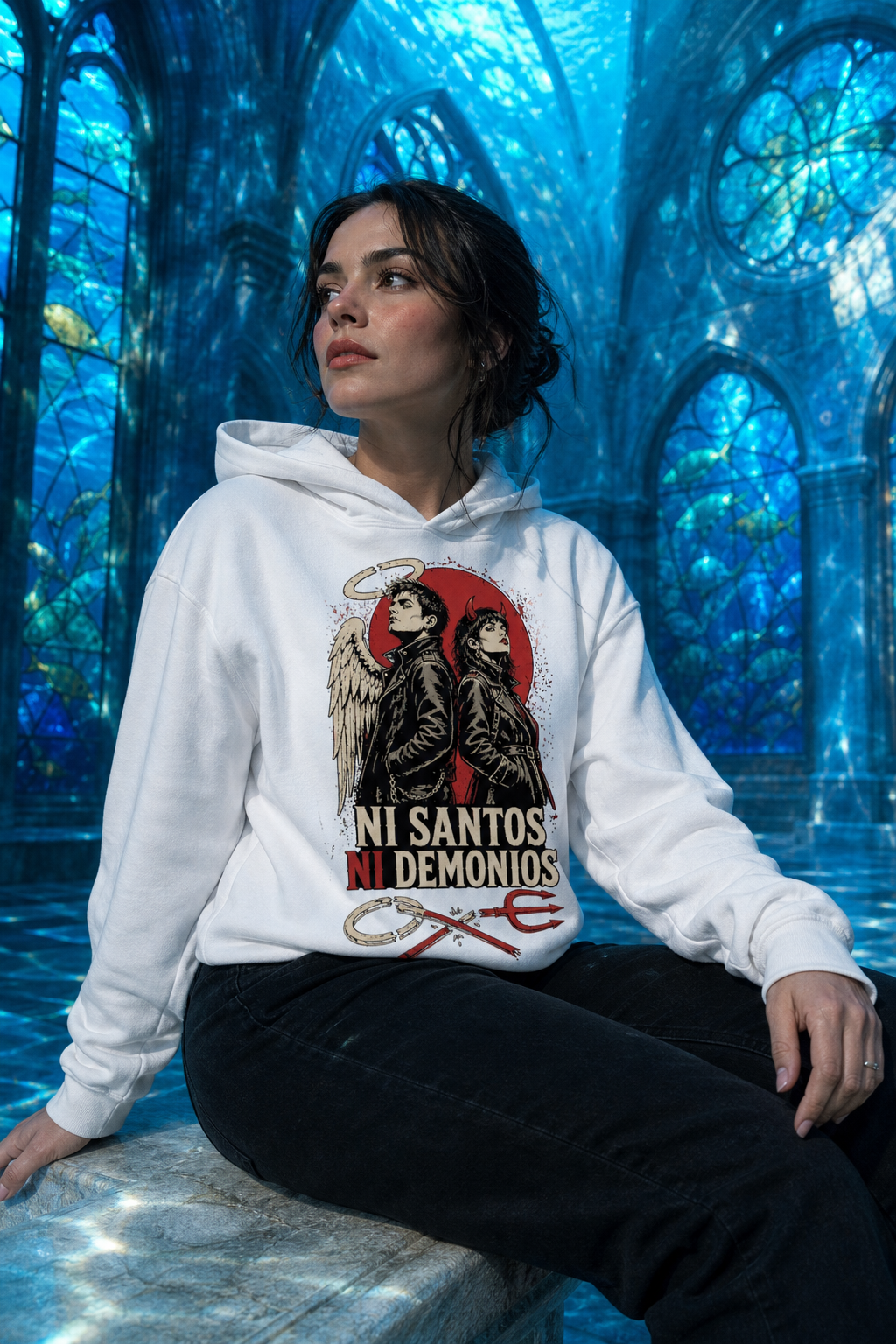 Sudadera Ni Santos Ni Demonios - blanca mujer capilla cristal
