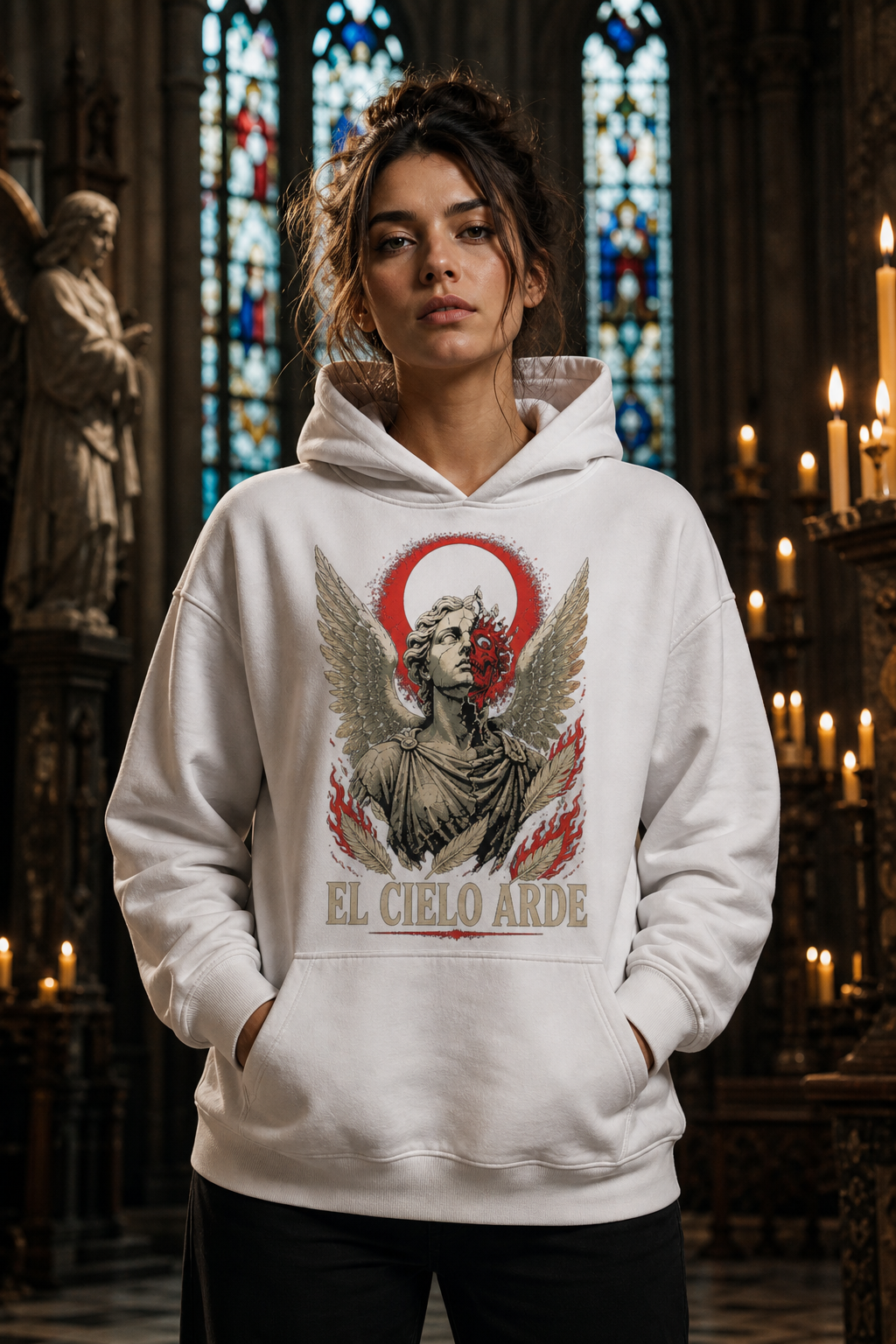 Sudadera El Cielo Arde - blanca mujer iglesia