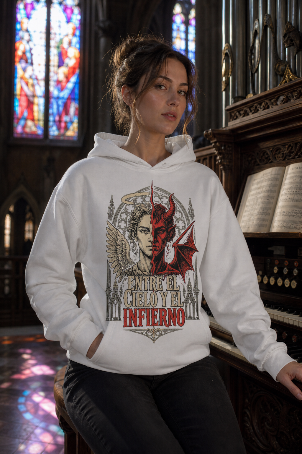 Sudadera Entre el Cielo y el Infierno - blanca mujer órgano iglesia