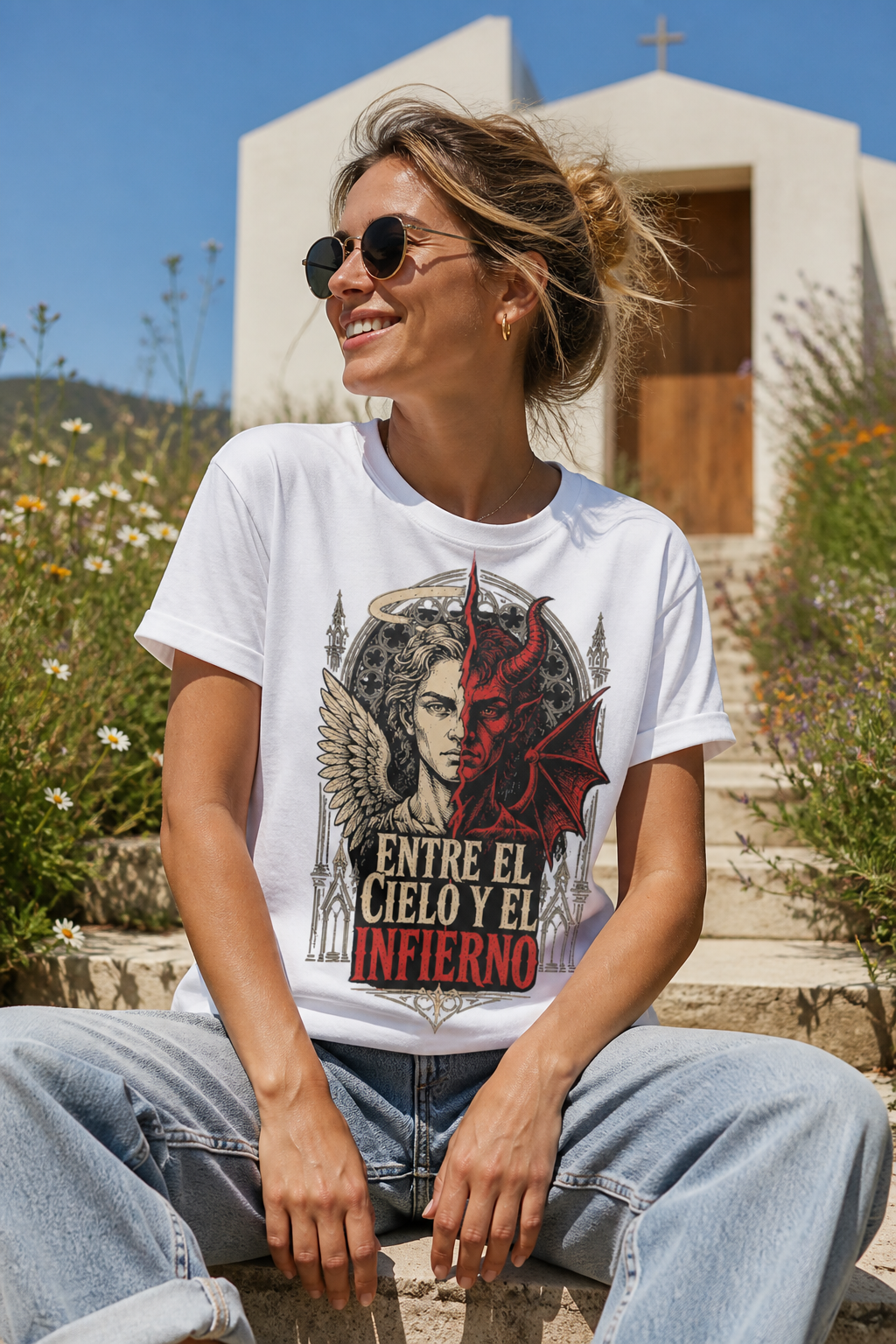 Camiseta Entre el Cielo y el Infierno - blanca normal mujer capilla flores