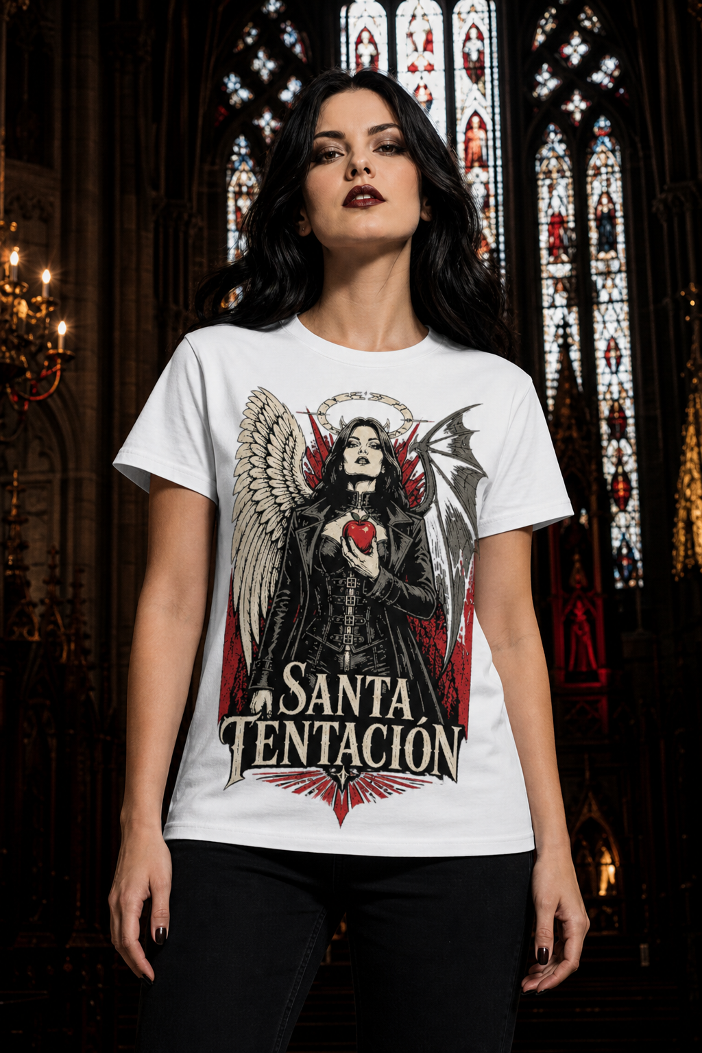 Camiseta Santa Tentación - blanca normal mujer iglesia