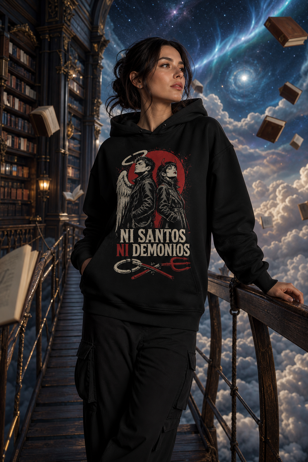 Sudadera Ni Santos Ni Demonios - negra mujer biblioteca celestial