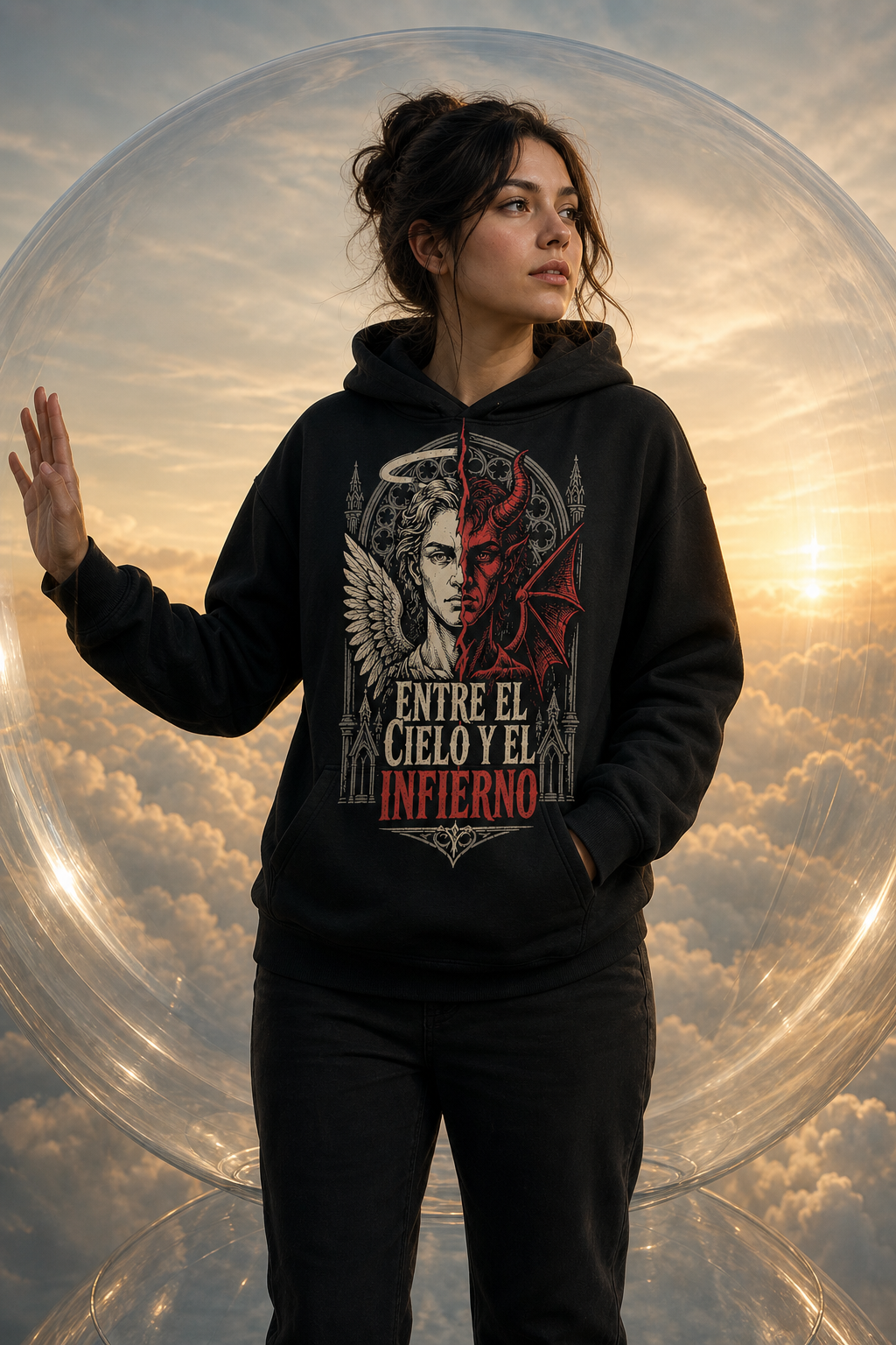 Sudadera Entre el Cielo y el Infierno - negra mujer esfera celestial