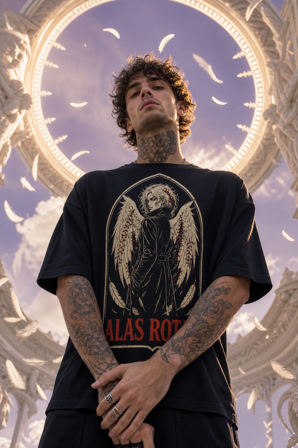 Camiseta Alas Rotas - negra oversize hombre santuario plumas