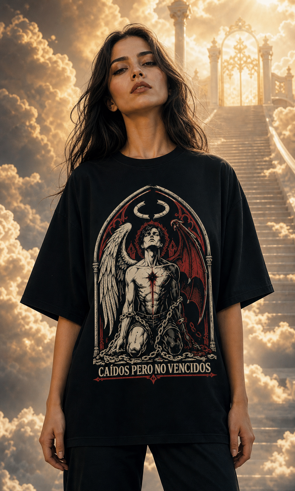 Camiseta Caídos Pero No Vencidos - negra oversize mujer cielo