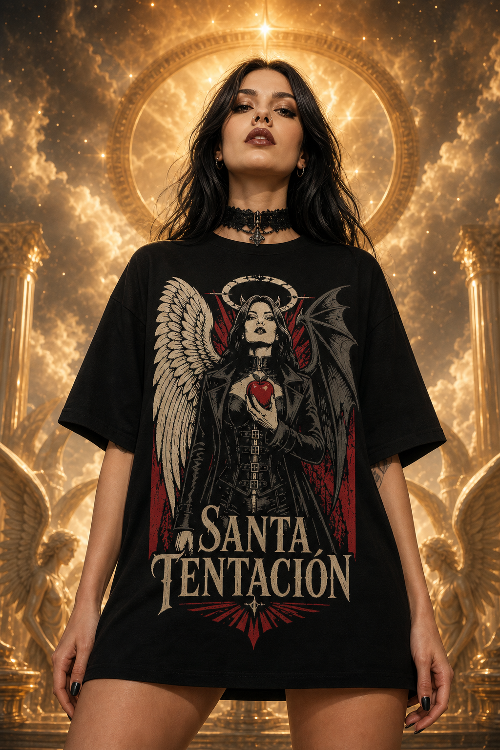 Camiseta Santa Tentación - negra oversize mujer cielo