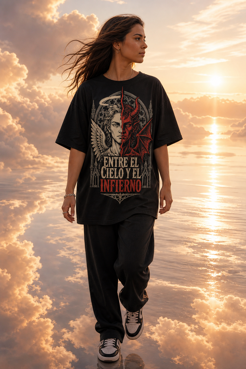 Camiseta Entre el Cielo y el Infierno - negra oversize mujer costa celestial