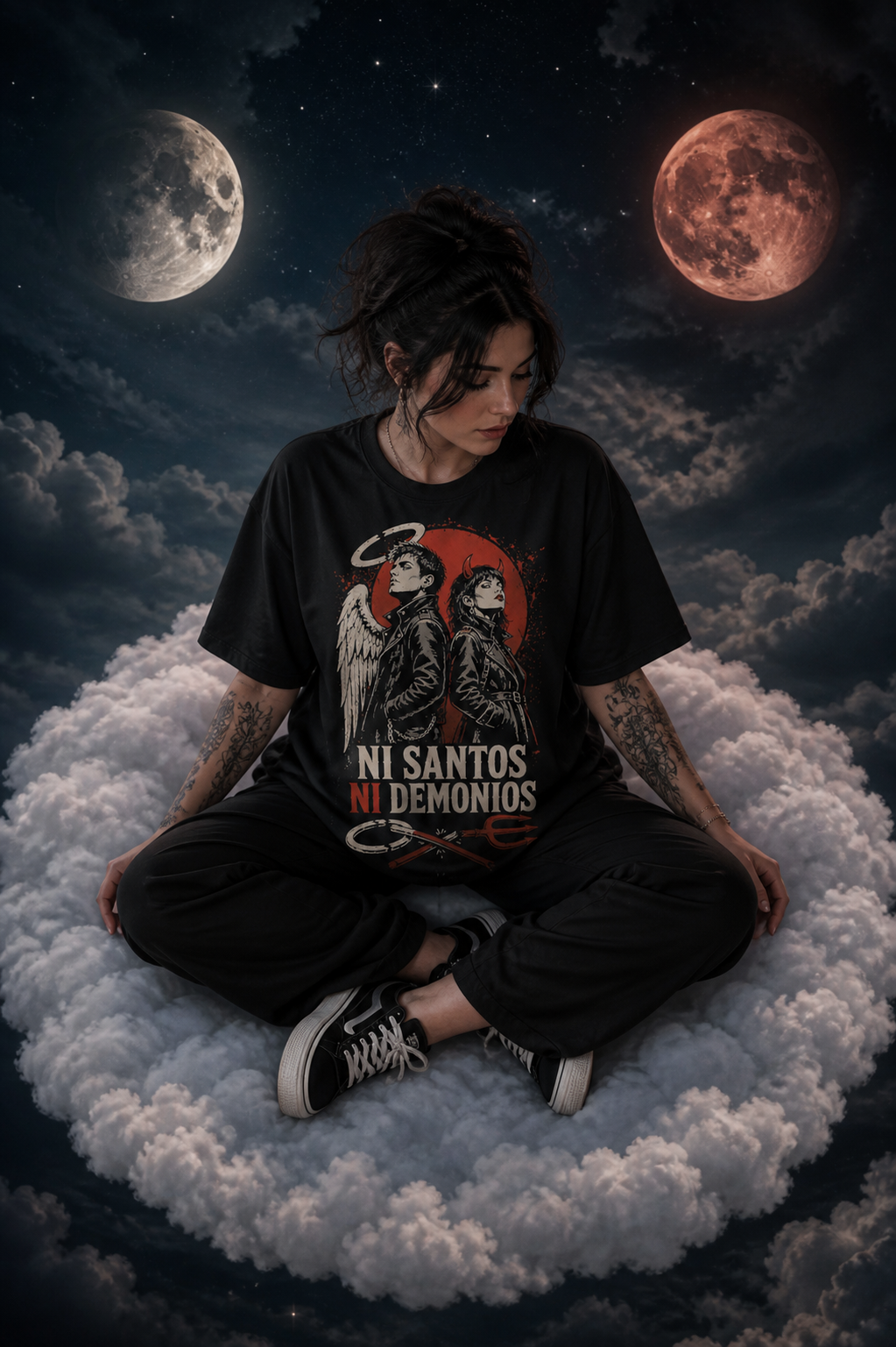 Camiseta Ni Santos Ni Demonios - negra oversize mujer dos lunas