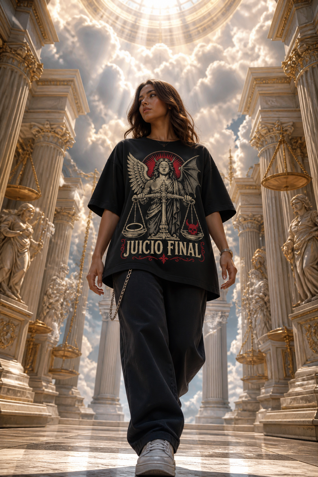 Camiseta Juicio Final - negra oversize mujer tribunal celestial