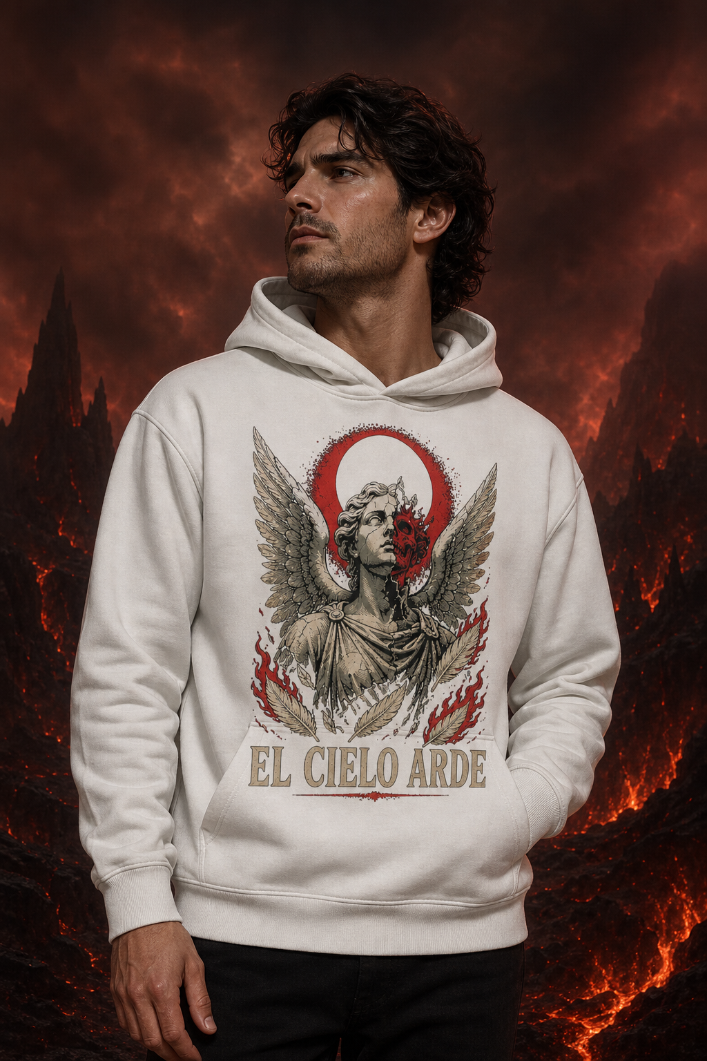 Sudadera El Cielo Arde - blanca hombre infierno