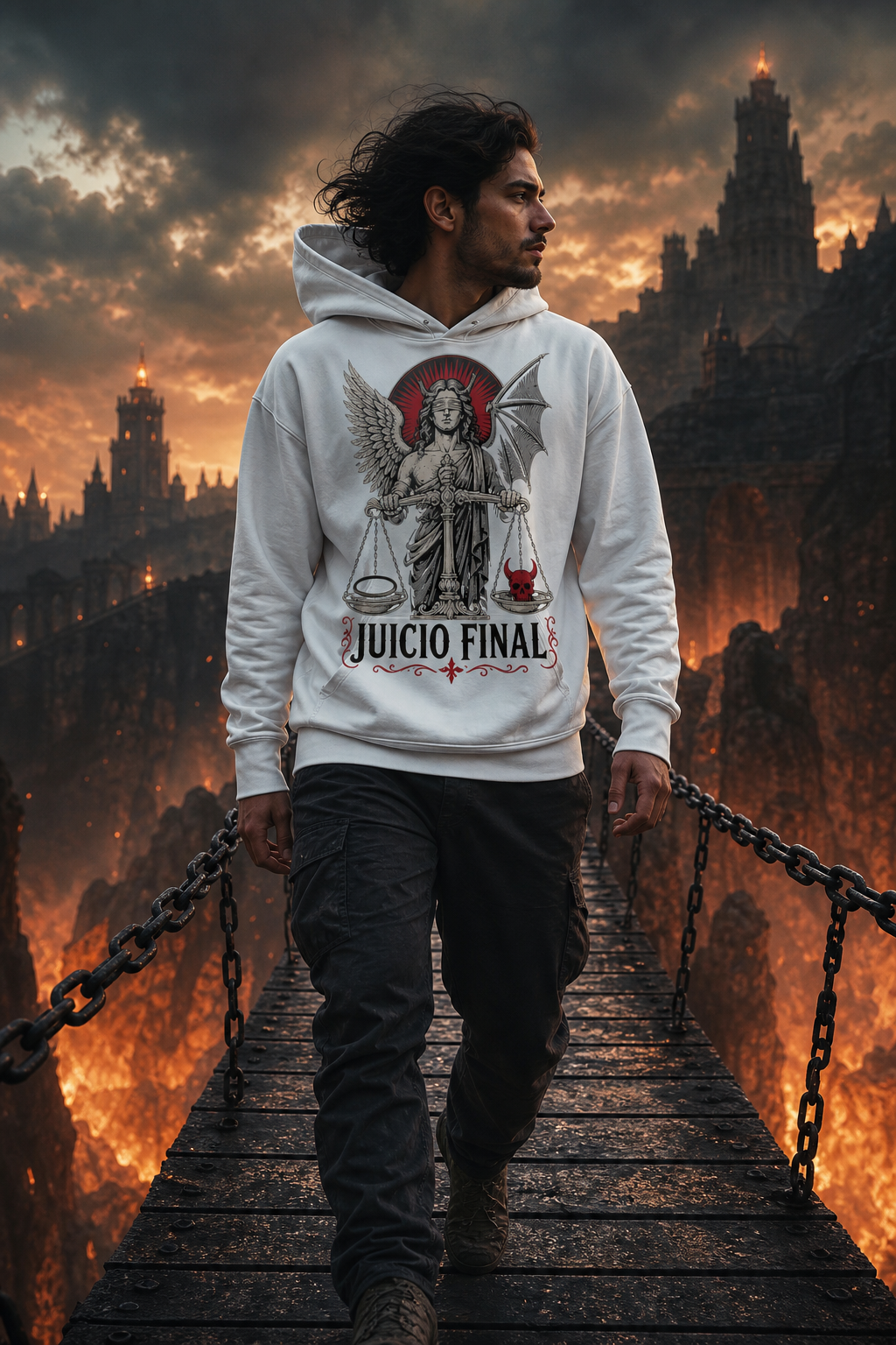 Sudadera Juicio Final - blanca hombre puente brasas