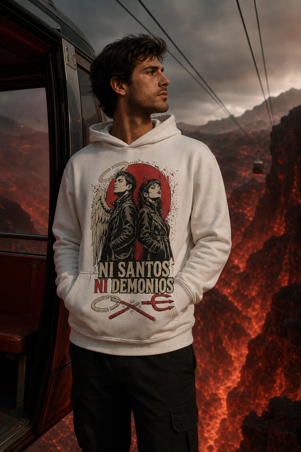 Sudadera Ni Santos Ni Demonios - blanca hombre teleférico infernal