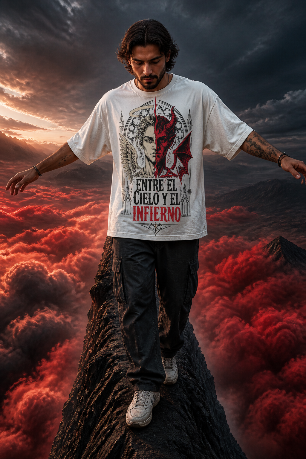 Camiseta Entre el Cielo y el Infierno - blanca oversize hombre cresta nubes rojas
