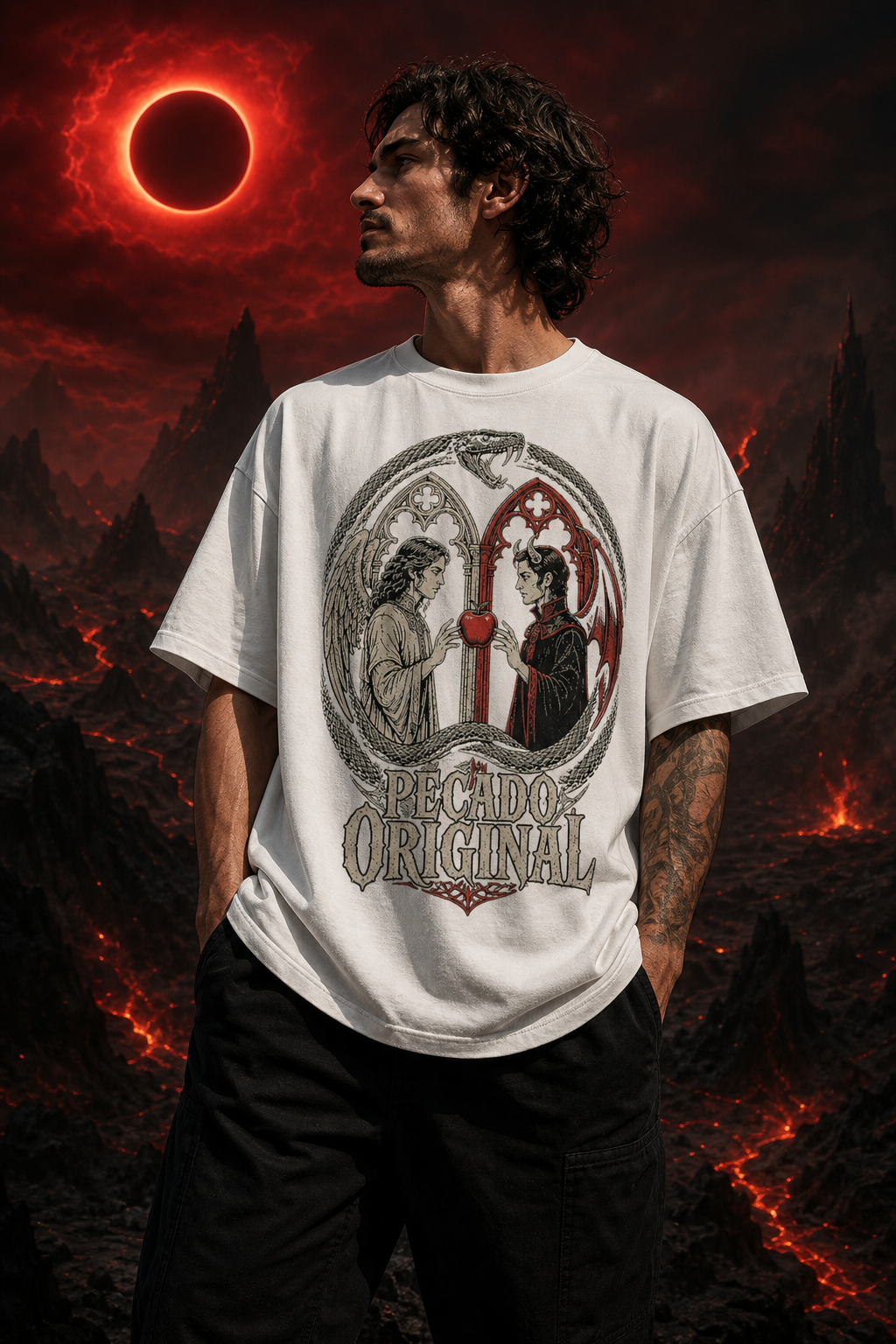 Camiseta Pecado Original - blanca oversize hombre eclipse infernal