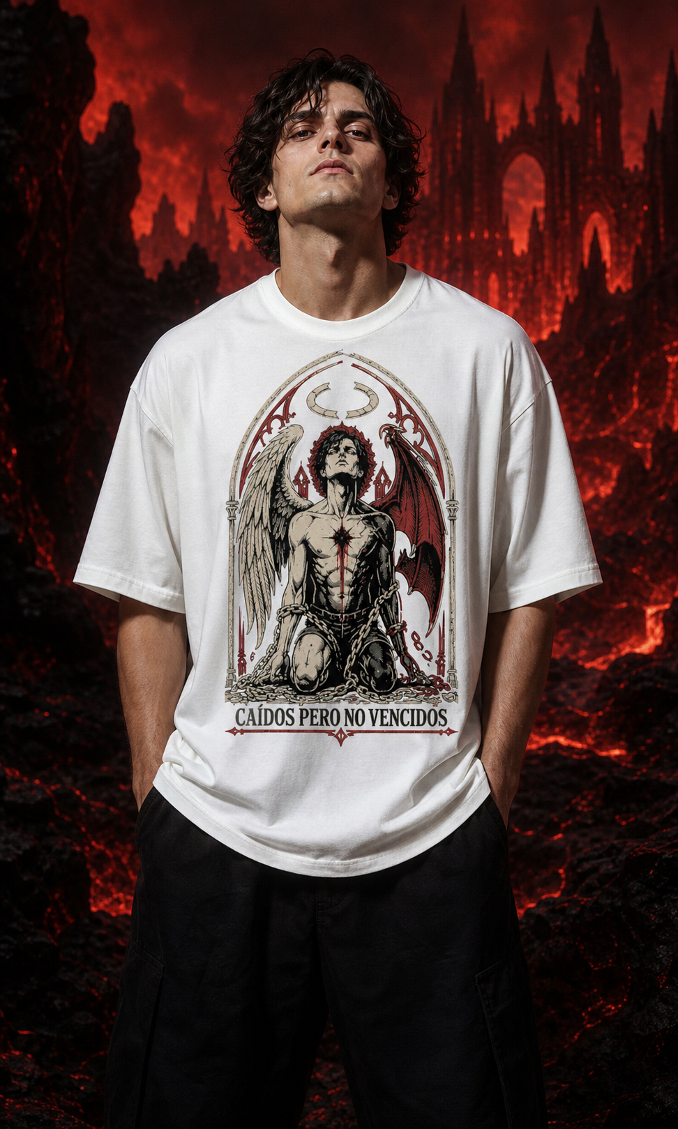 Camiseta Caídos Pero No Vencidos - blanca oversize hombre infierno