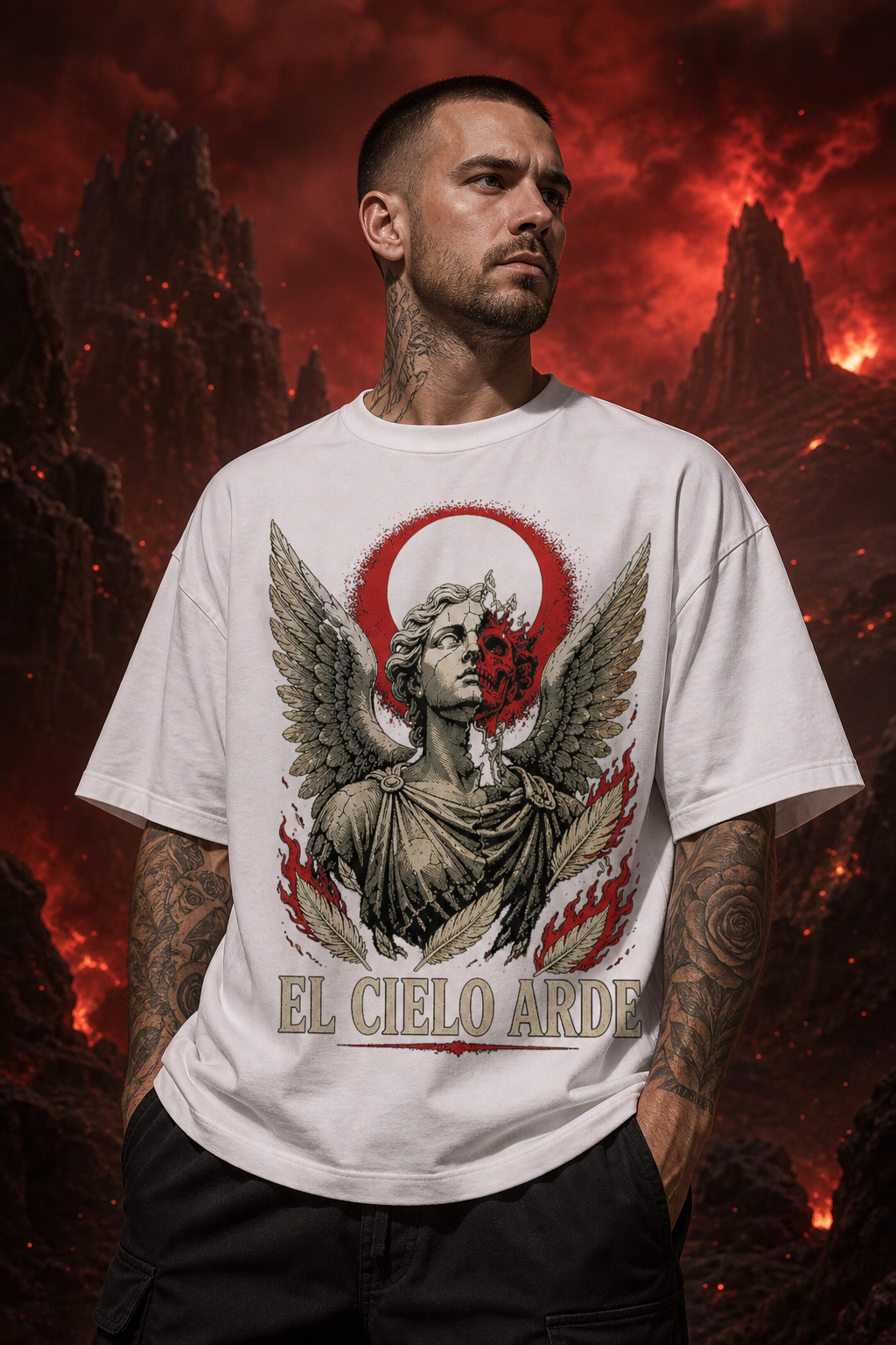 Camiseta El Cielo Arde - blanca oversize hombre infierno