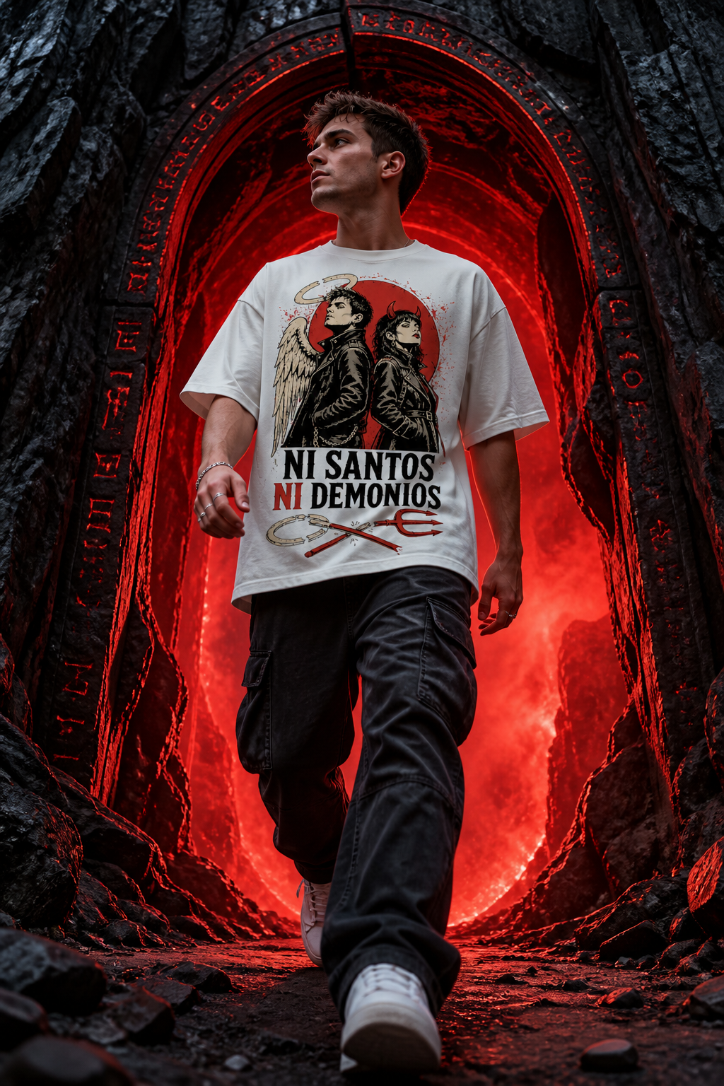 Camiseta Ni Santos Ni Demonios - blanca oversize hombre portal rojo