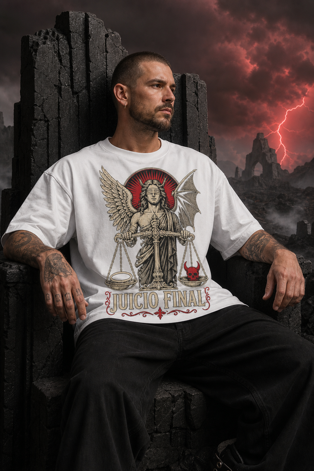 Camiseta Juicio Final - blanca oversize hombre trono basaíltico