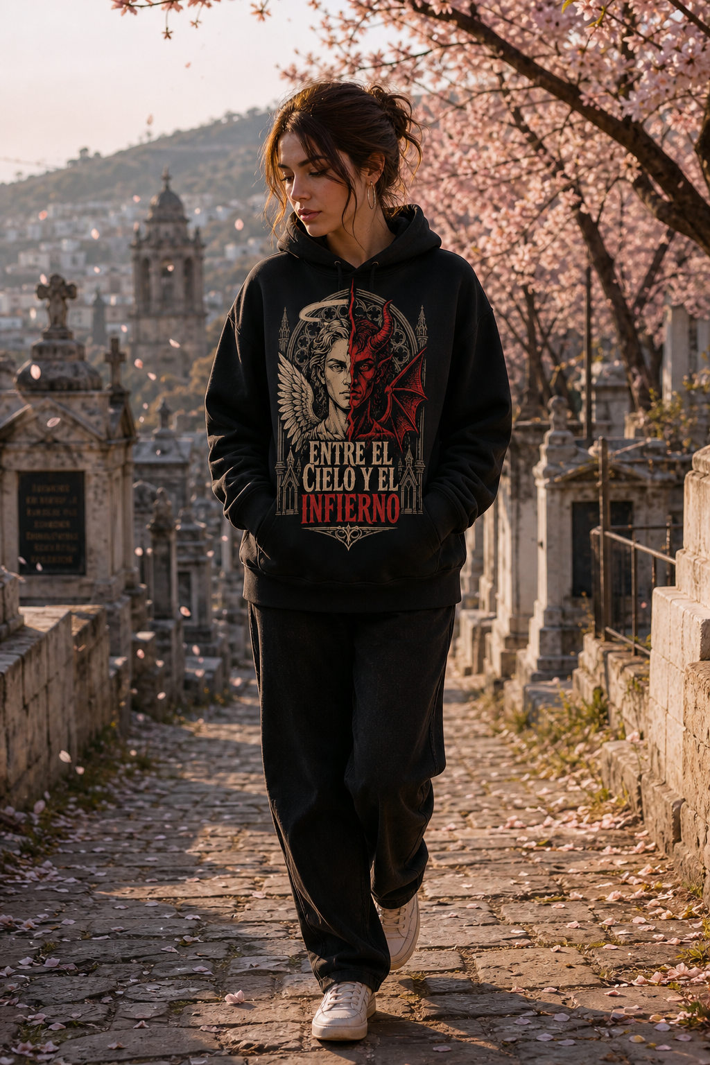 Sudadera Entre el Cielo y el Infierno - negra mujer cementerio cerezos