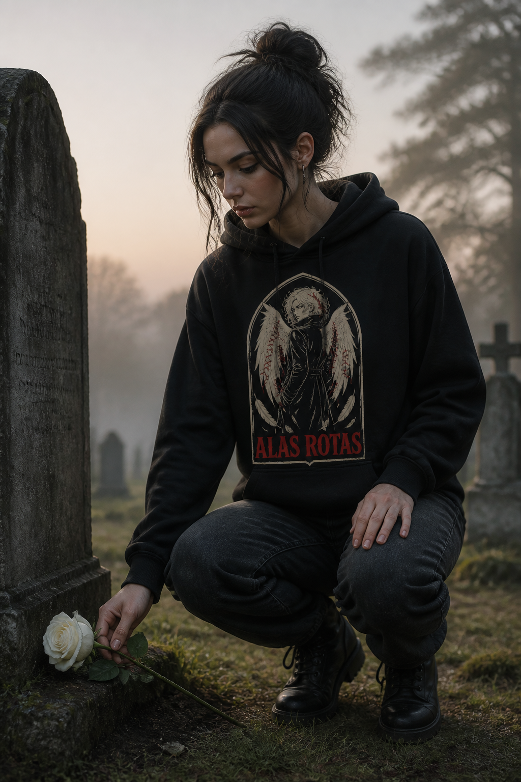 Sudadera Alas Rotas - negra mujer cementerio rural