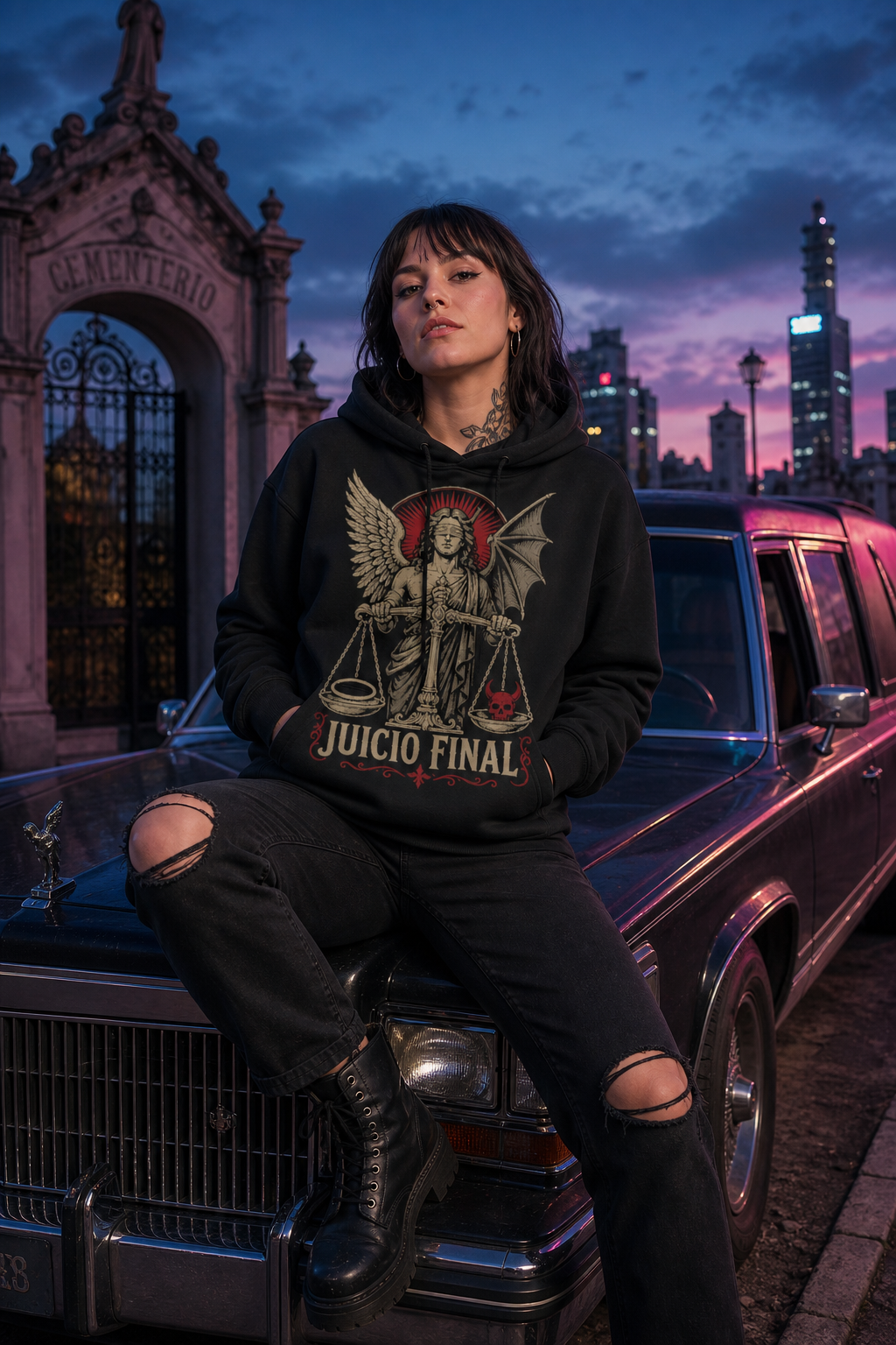 Sudadera Juicio Final - negra mujer coche fúnebre