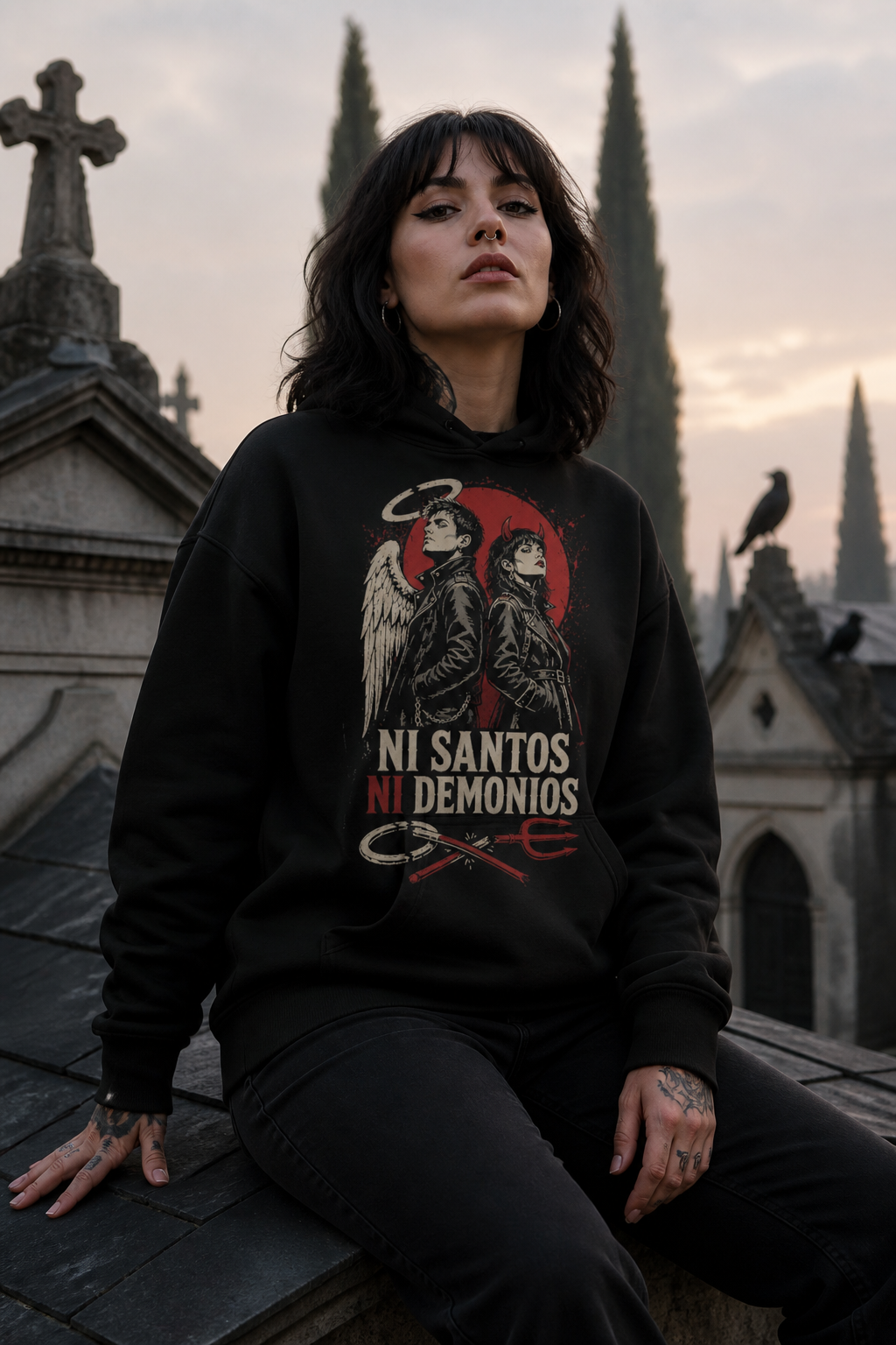 Sudadera Ni Santos Ni Demonios - negra mujer tejado cripta