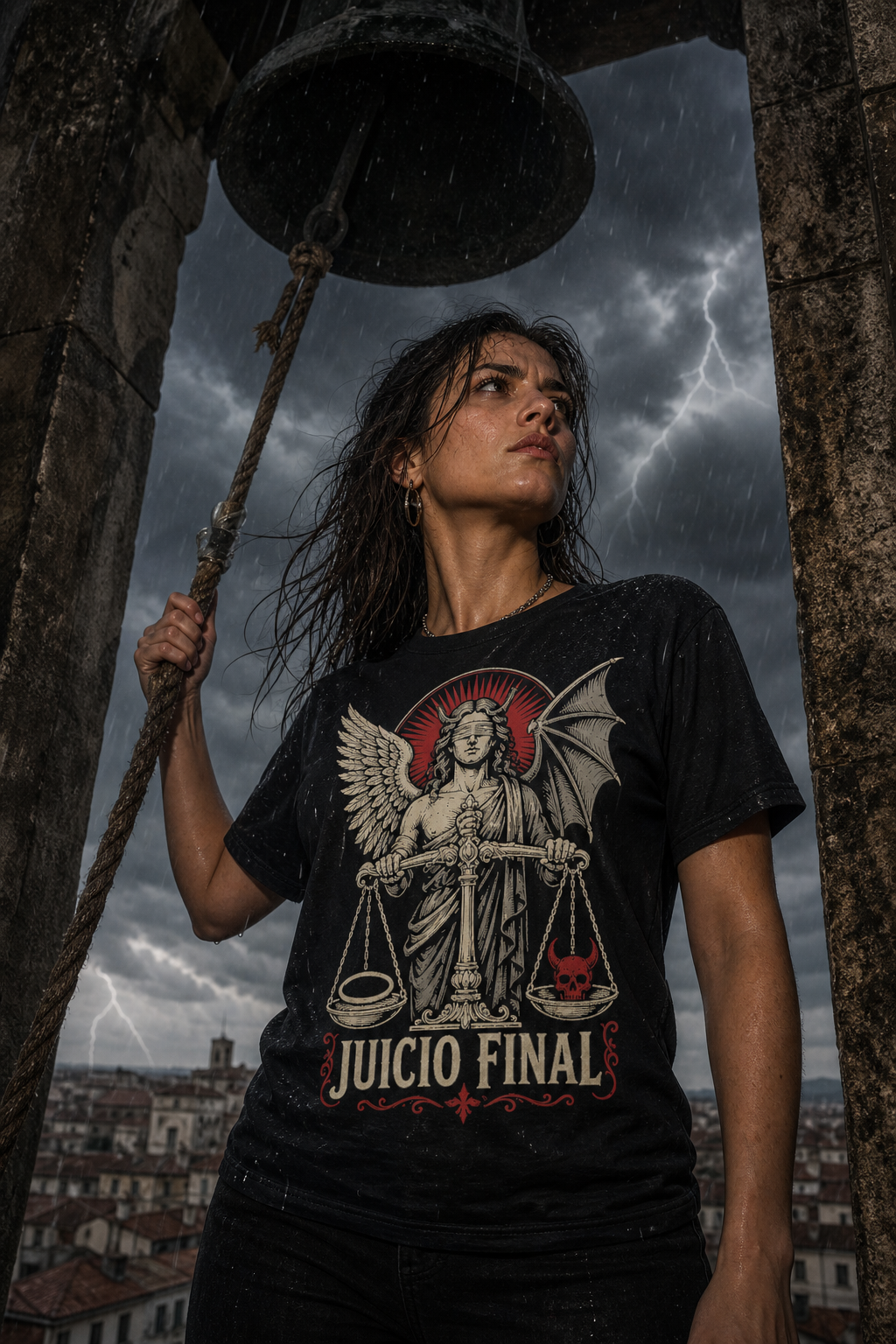 Camiseta Juicio Final - negra normal mujer campanario tormenta