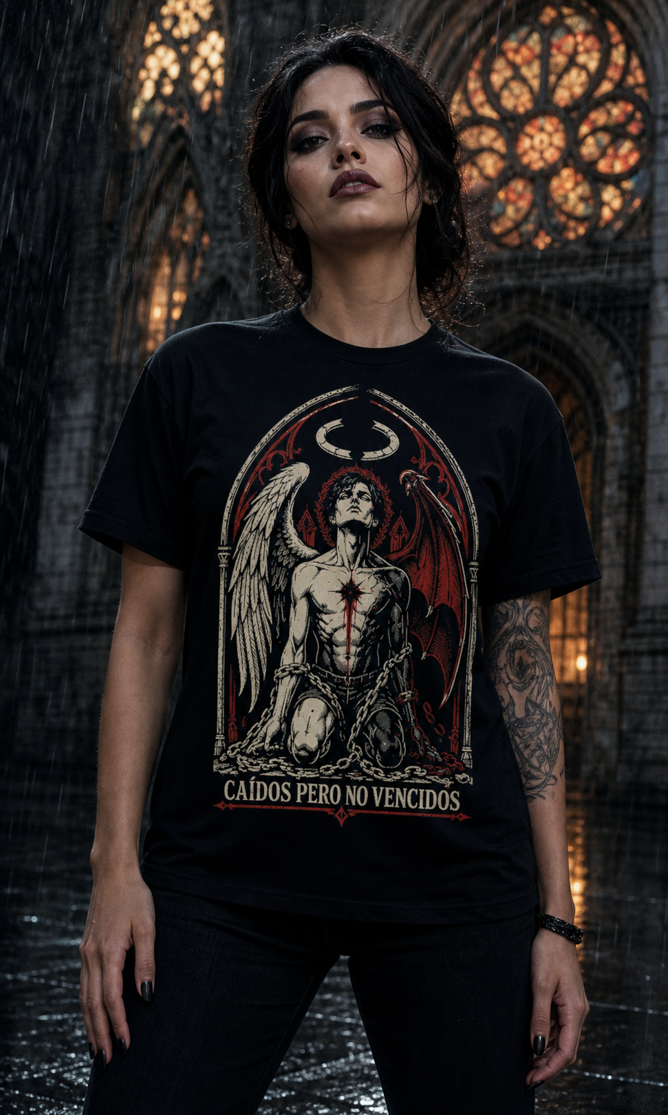 Camiseta Caídos Pero No Vencidos - negra normal mujer iglesia