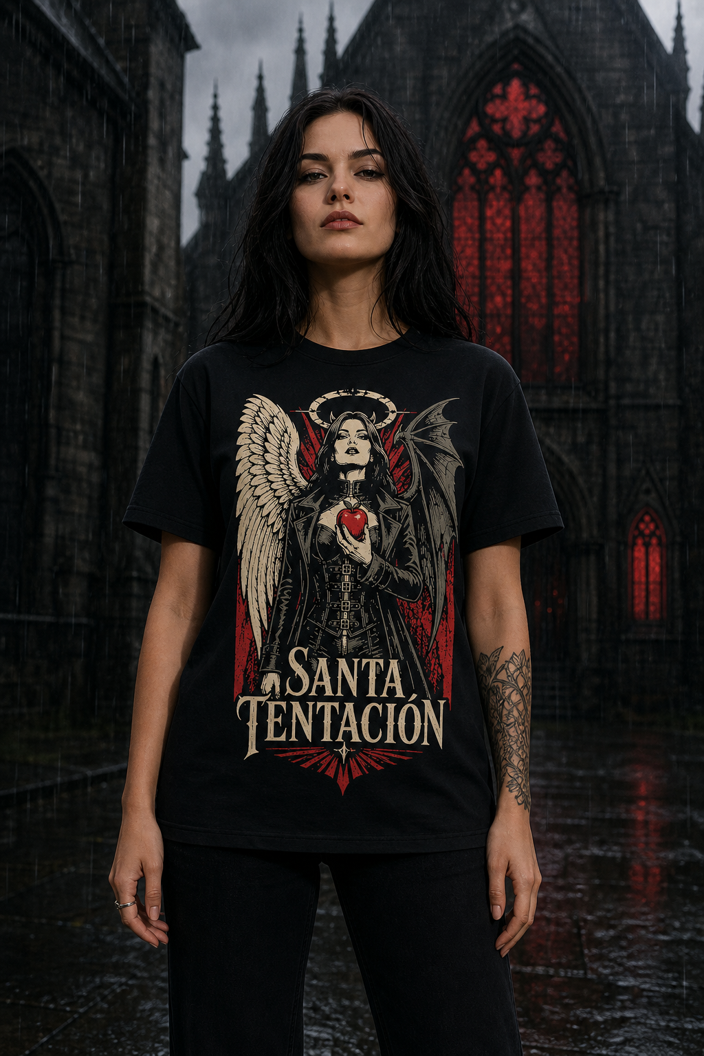 Camiseta Santa Tentación - negra normal mujer iglesia