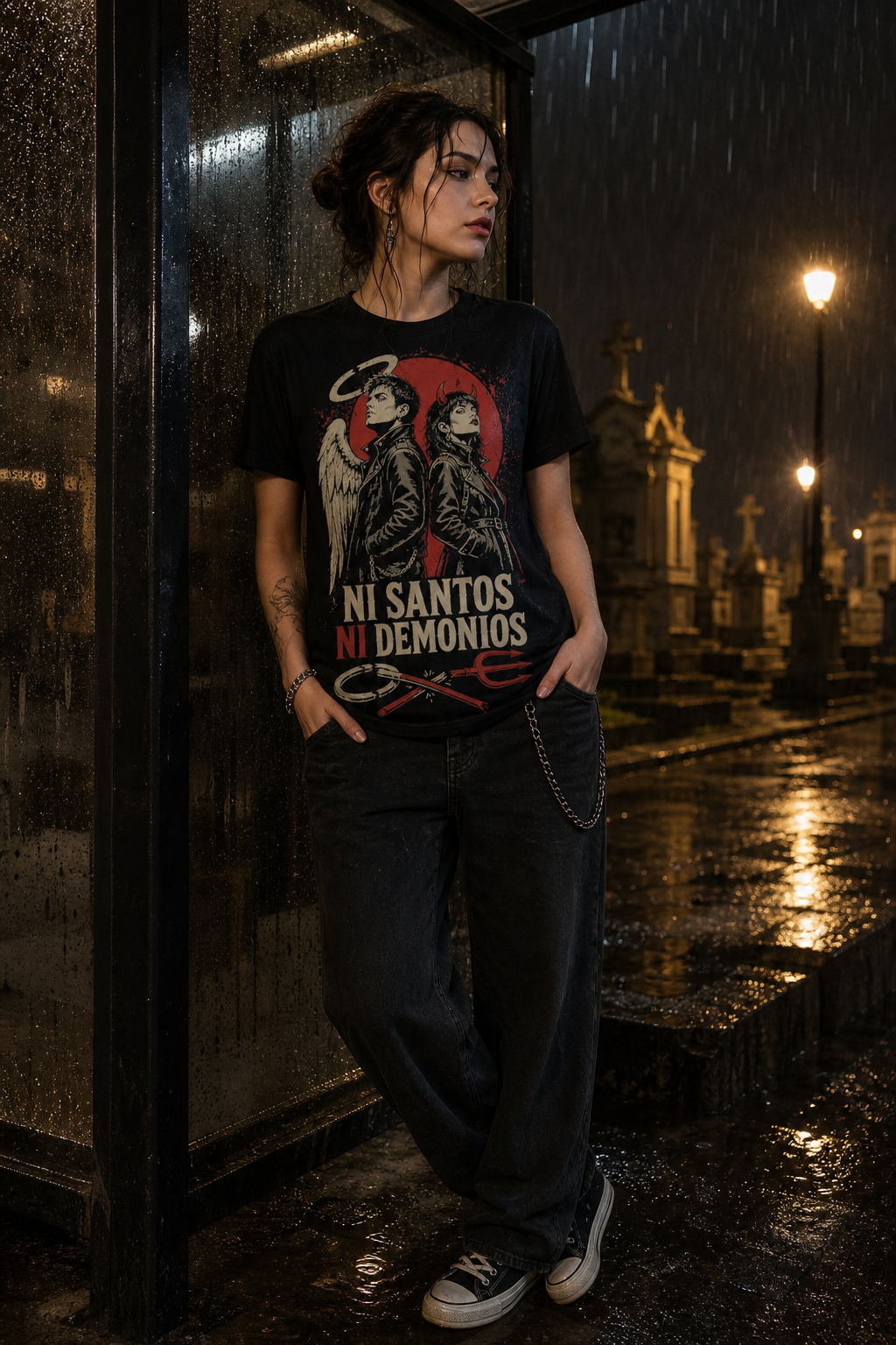 Camiseta Ni Santos Ni Demonios - negra normal mujer parada cementerio