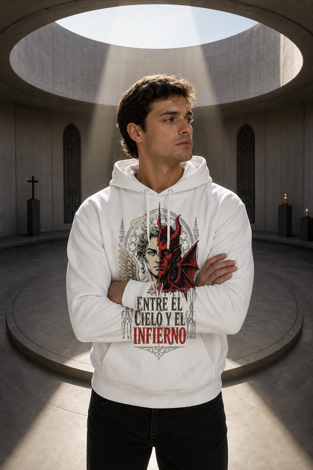 Sudadera Entre el Cielo y el Infierno - blanca hombre capilla circular