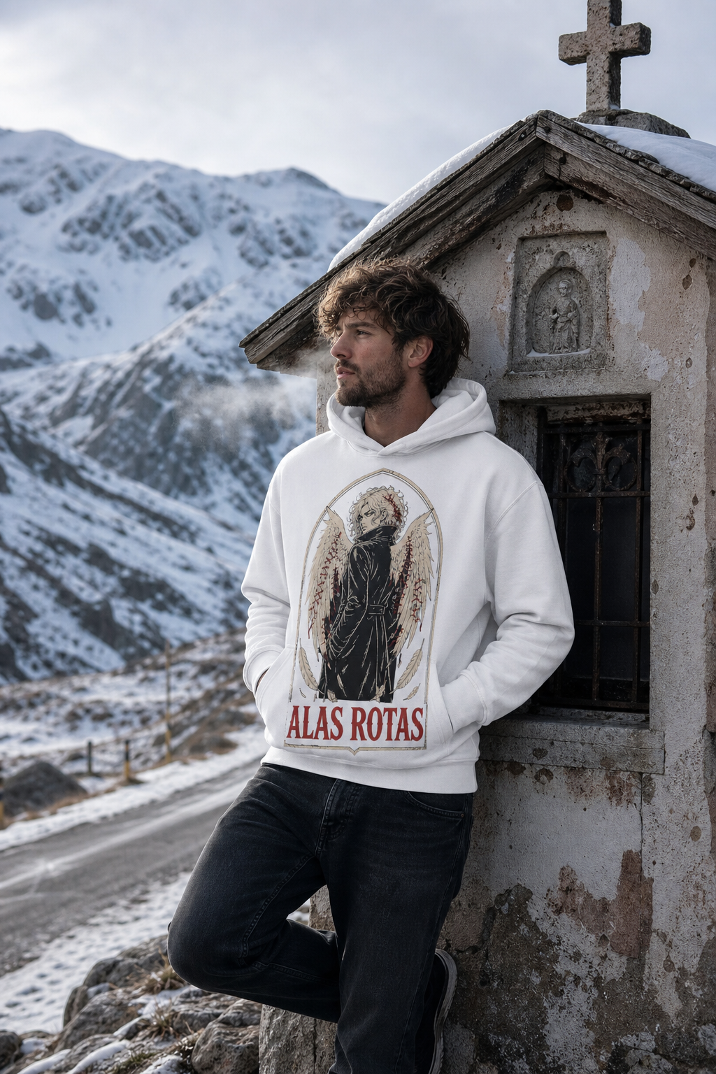 Sudadera Alas Rotas - blanca hombre capilla montaña