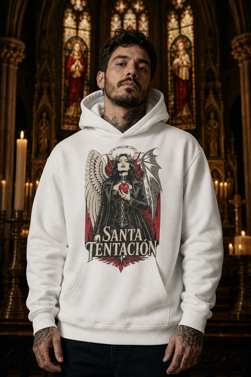 Sudadera Santa Tentación - blanca hombre iglesia