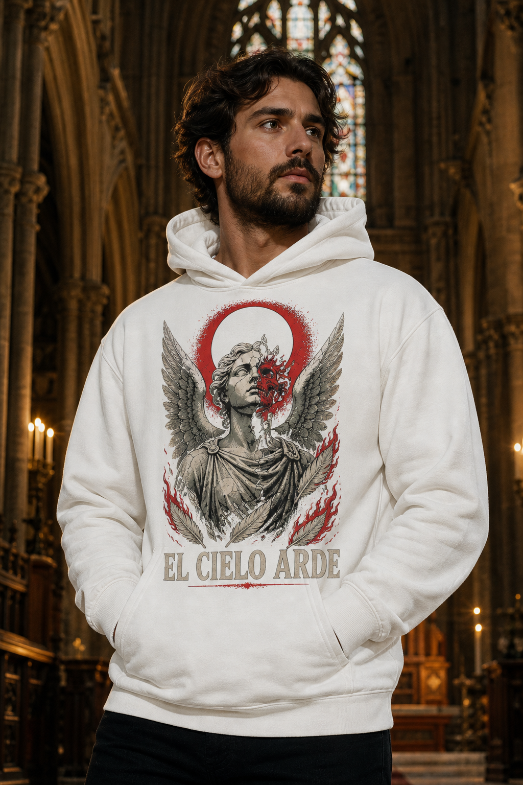 Sudadera El Cielo Arde - blanca hombre iglesia