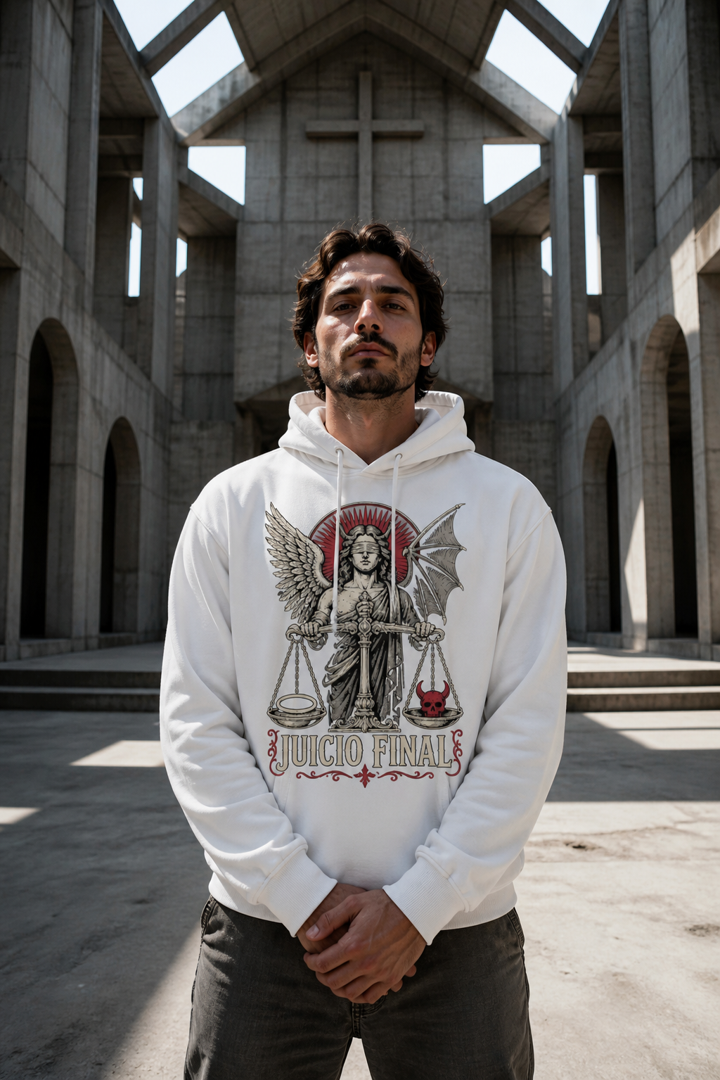 Sudadera Juicio Final - blanca hombre iglesia hormigón