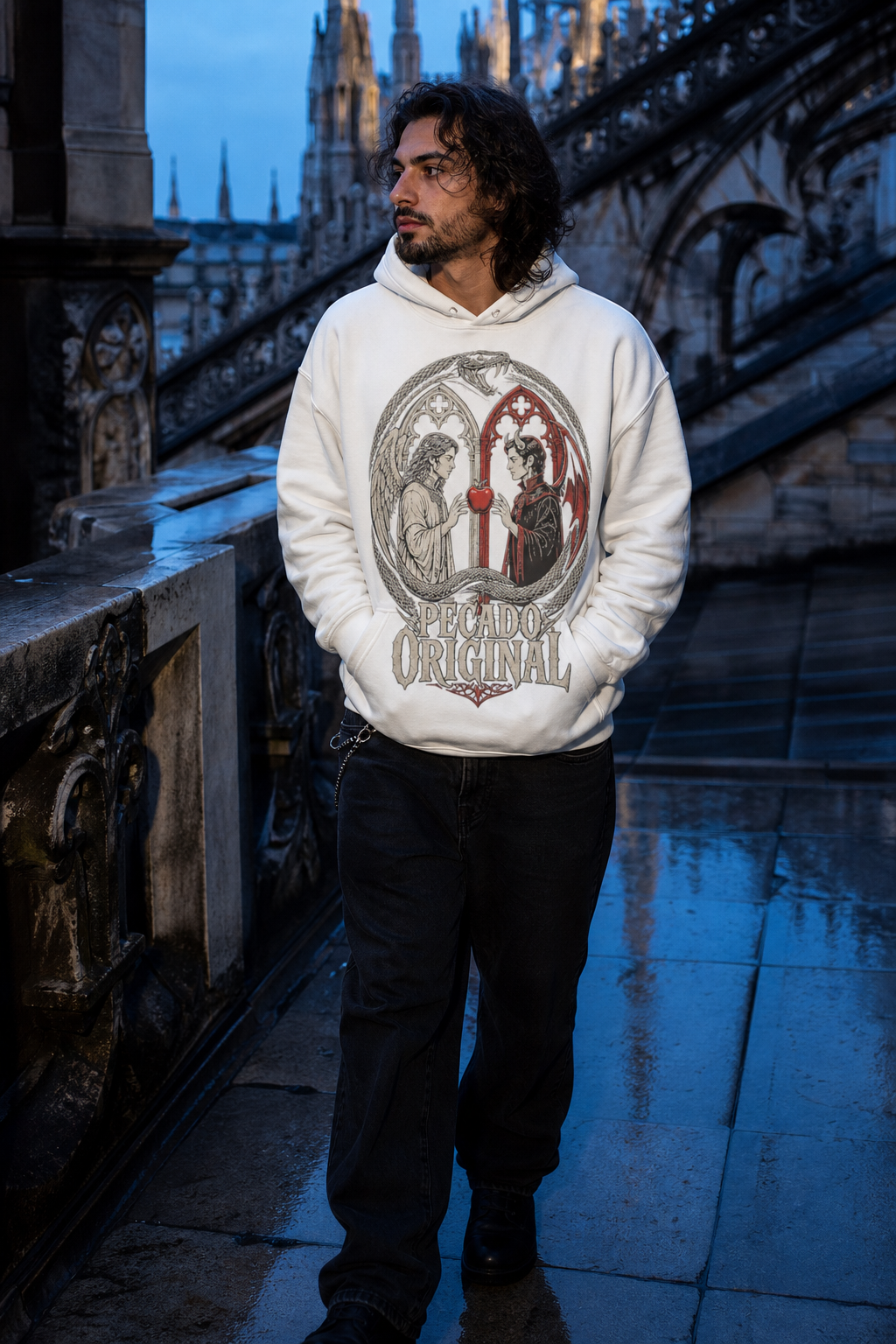 Sudadera Pecado Original - blanca hombre tejado catedral
