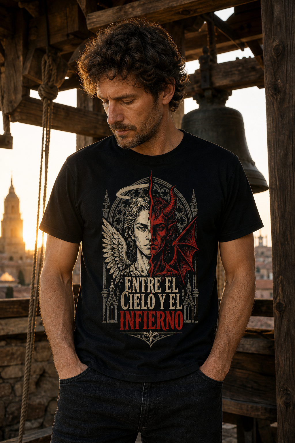Camiseta Entre el Cielo y el Infierno - blanca normal hombre campanario madera