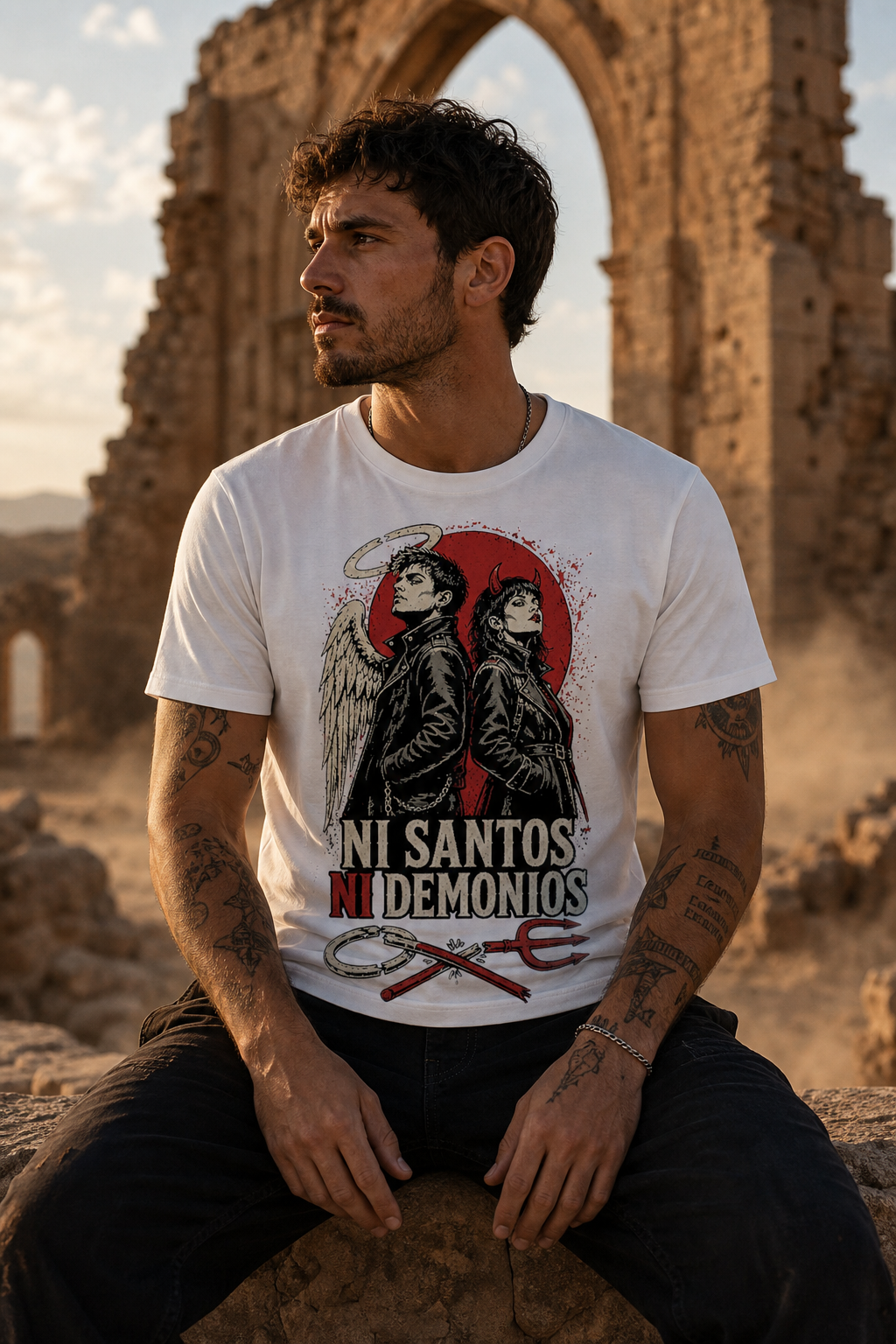 Camiseta Ni Santos Ni Demonios - blanca normal hombre capilla desierto