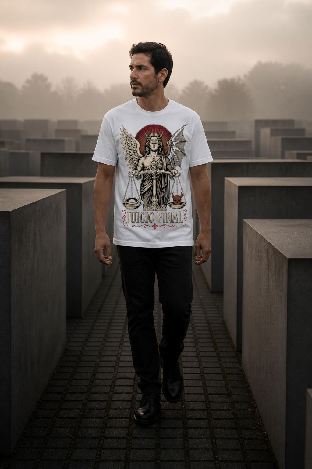 Camiseta Juicio Final - blanca normal hombre memorial brutalista