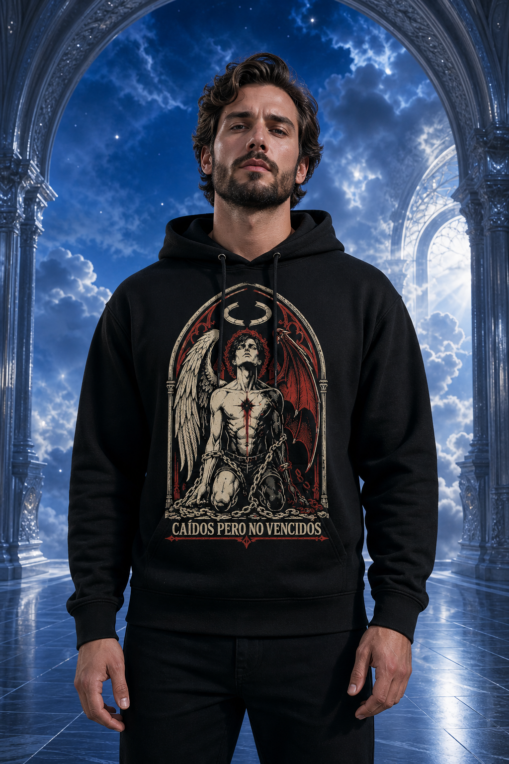 Sudadera Caídos Pero No Vencidos - negra hombre cielo