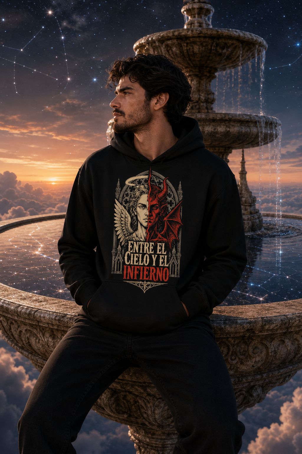 Sudadera Entre el Cielo y el Infierno - negra hombre fuente celestial