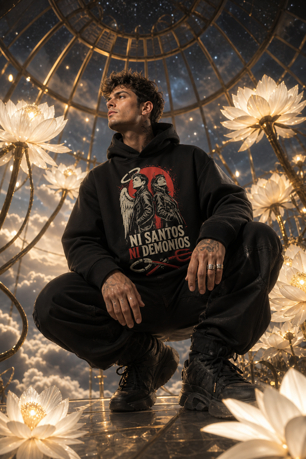 Sudadera Ni Santos Ni Demonios - negra hombre invernadero celestial