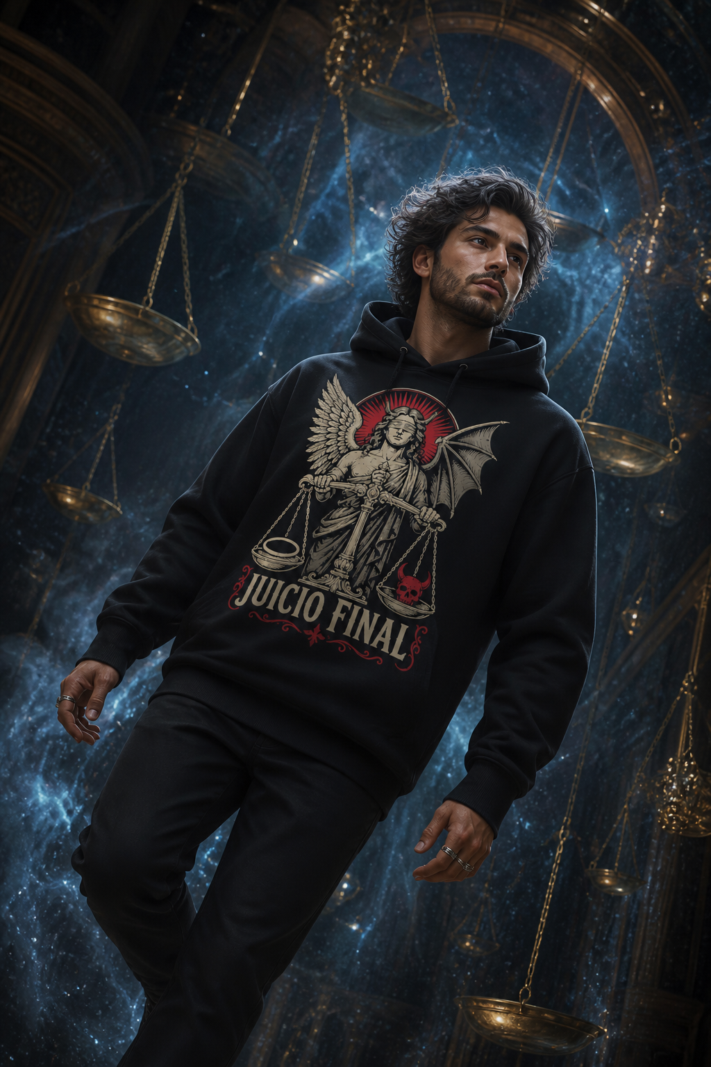 Sudadera Juicio Final - negra hombre sala balanzas cósmica