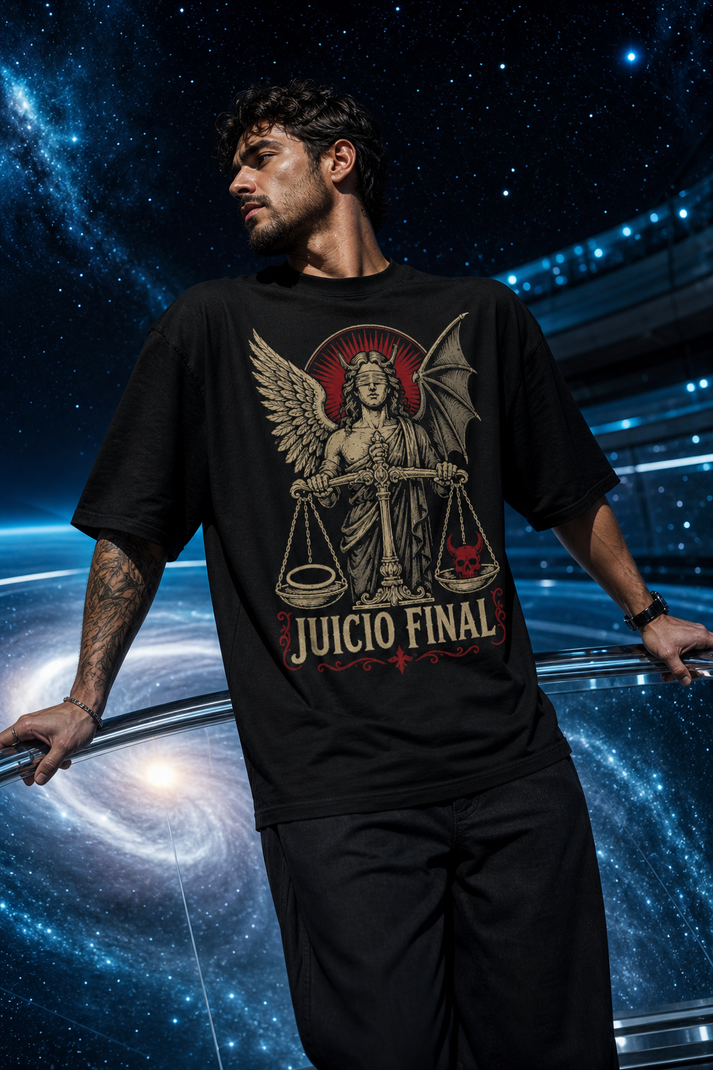 Camiseta Juicio Final - negra oversize hombre balcón galáctico
