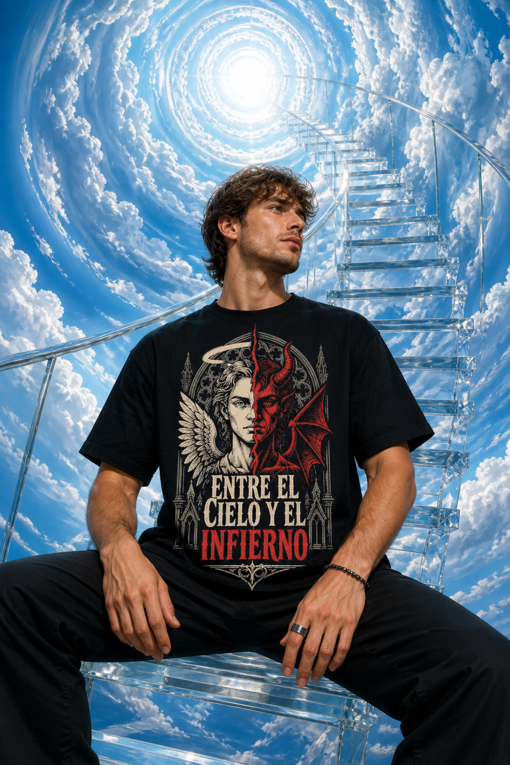 Camiseta Entre el Cielo y el Infierno - negra oversize hombre escalera vórtice