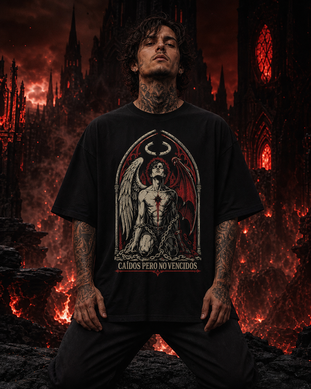 Camiseta Caídos Pero No Vencidos - negra oversize hombre infierno